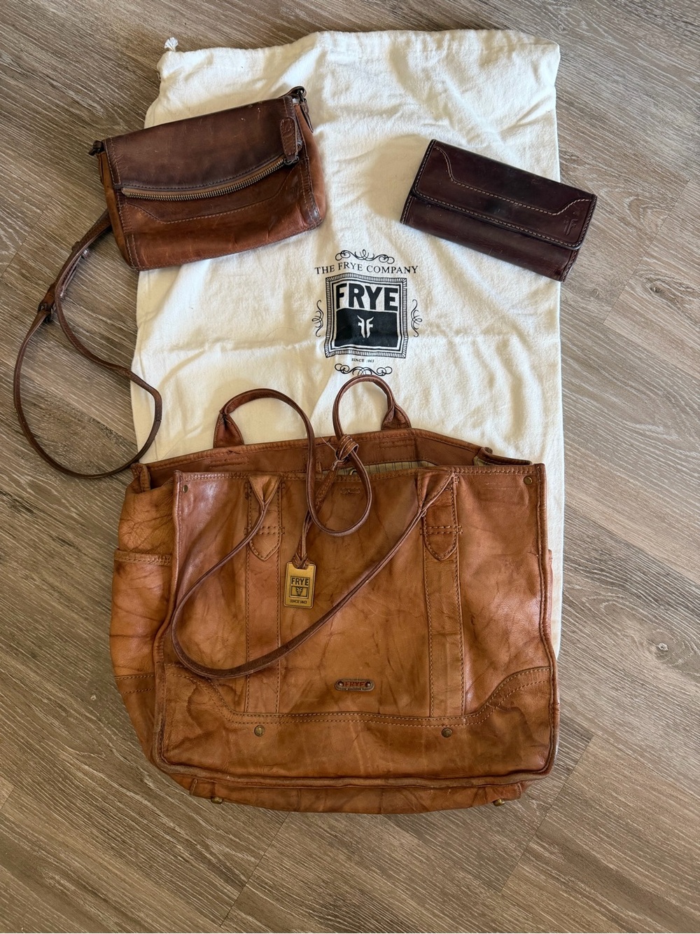 Frye Cognac Brown Leather Tote with Crossbody Pouch and Wallet